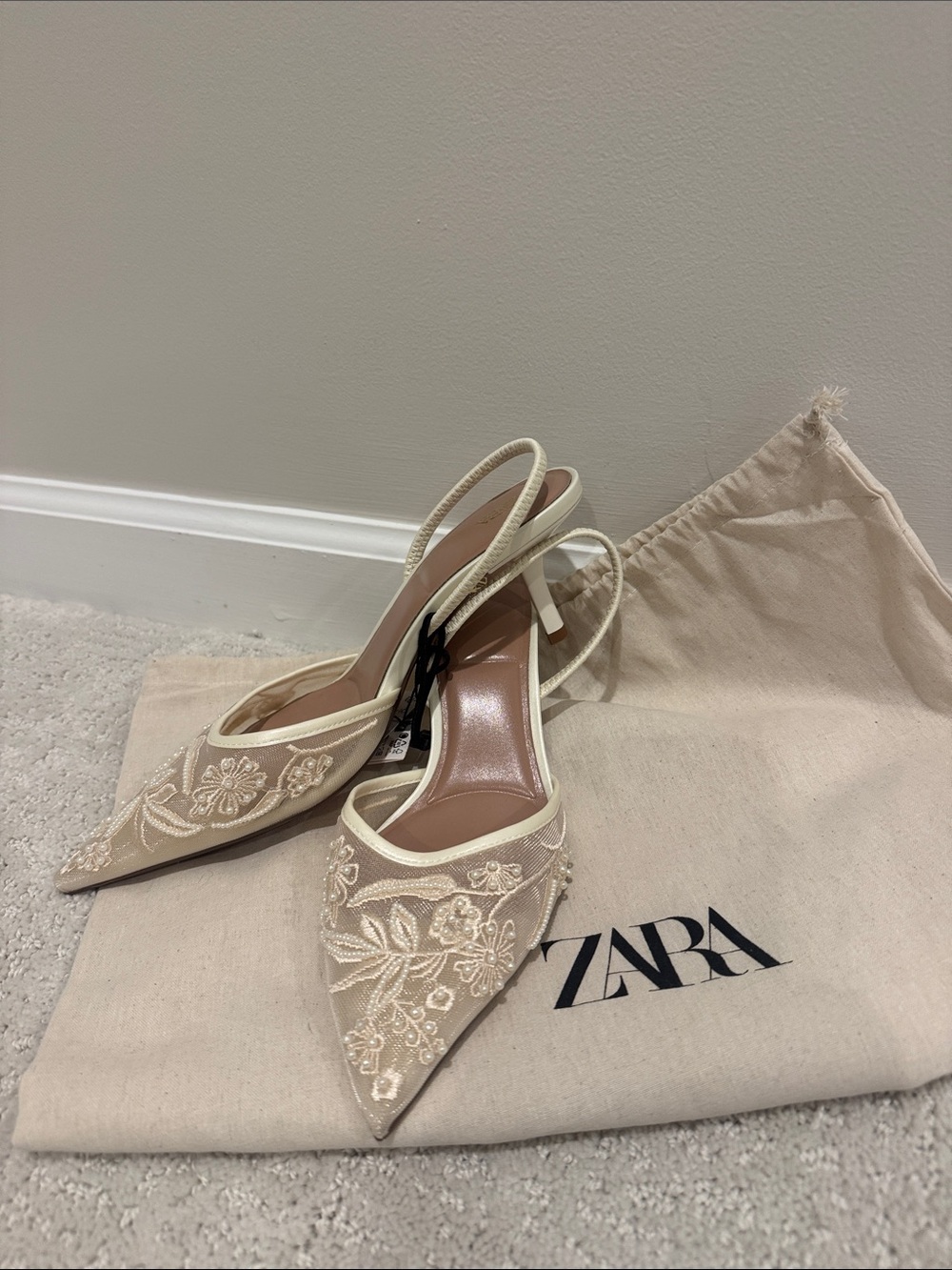 Mesh Embellished Slingback Heels in White/Cream from Zara